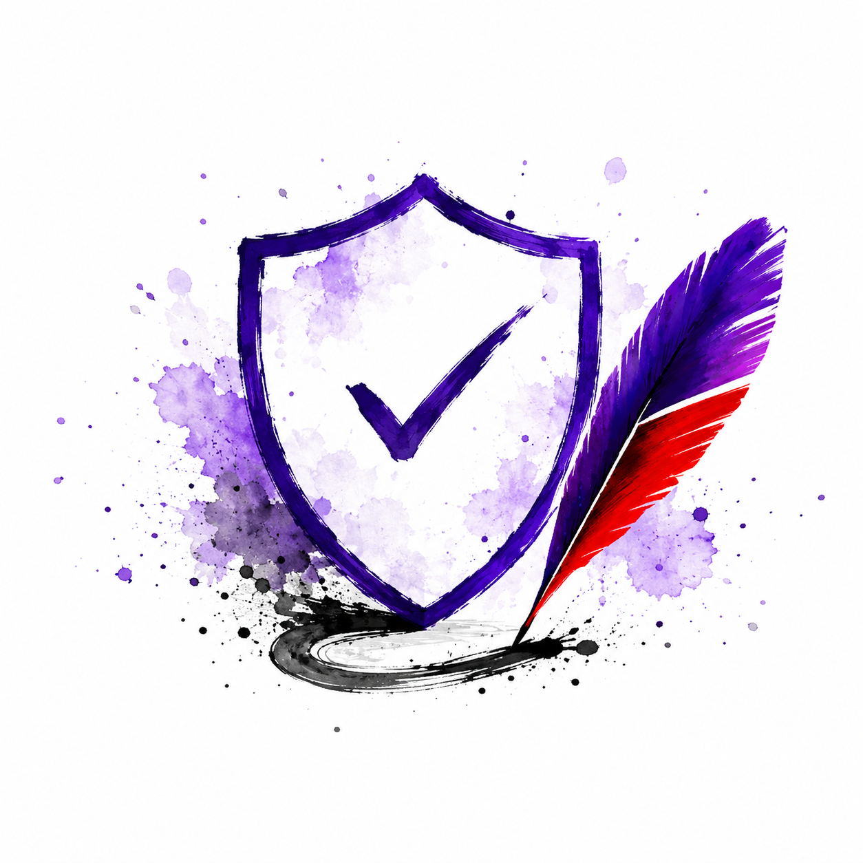 Griffin feather beside a shield and check mark